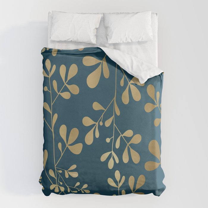 Floral Leaves, Teal and Gold Duvet Cover Gallery Image 1