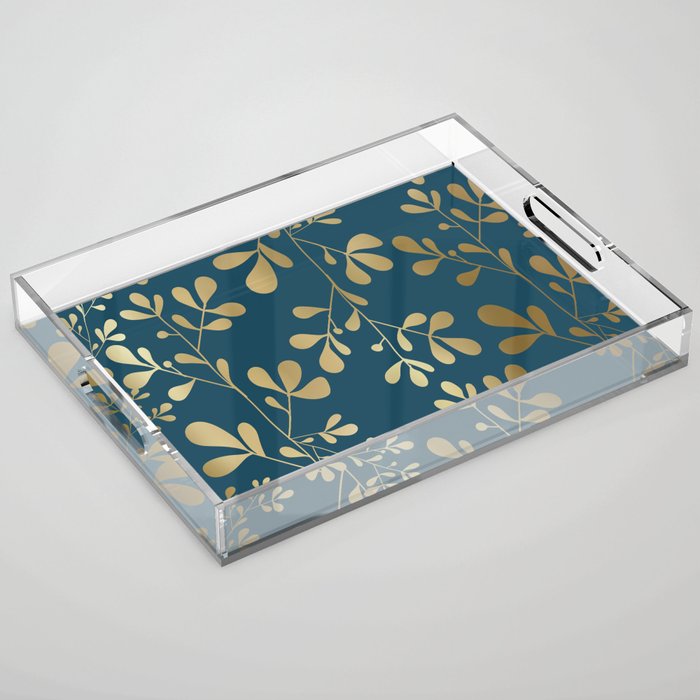 Floral Leaves, Teal and Gold Acrylic Tray Gallery Image 1