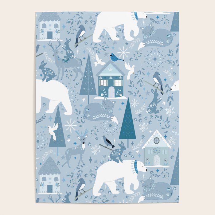 Scandinavian style festive winter animals blue Poster Gallery Image 2