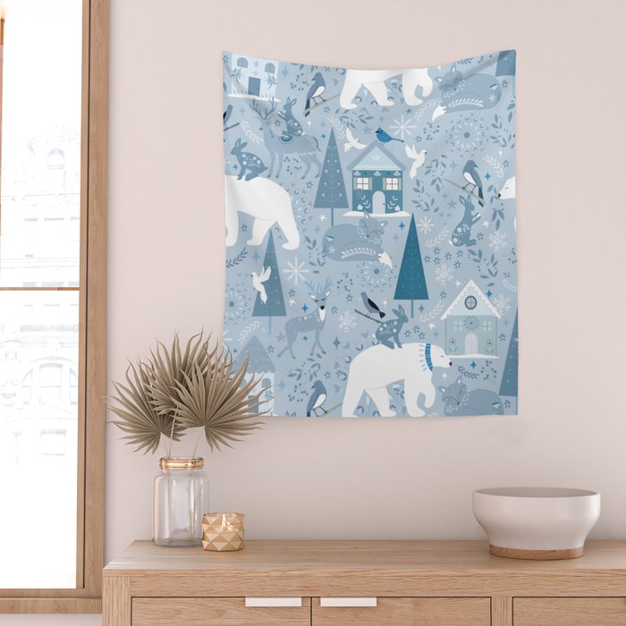 Scandinavian style festive winter animals blue Wall Tapestry Gallery Image 2