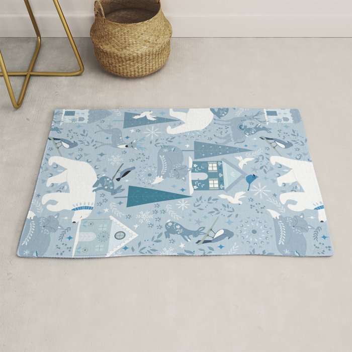 Scandinavian style festive winter animals blue Rug Gallery Image 1