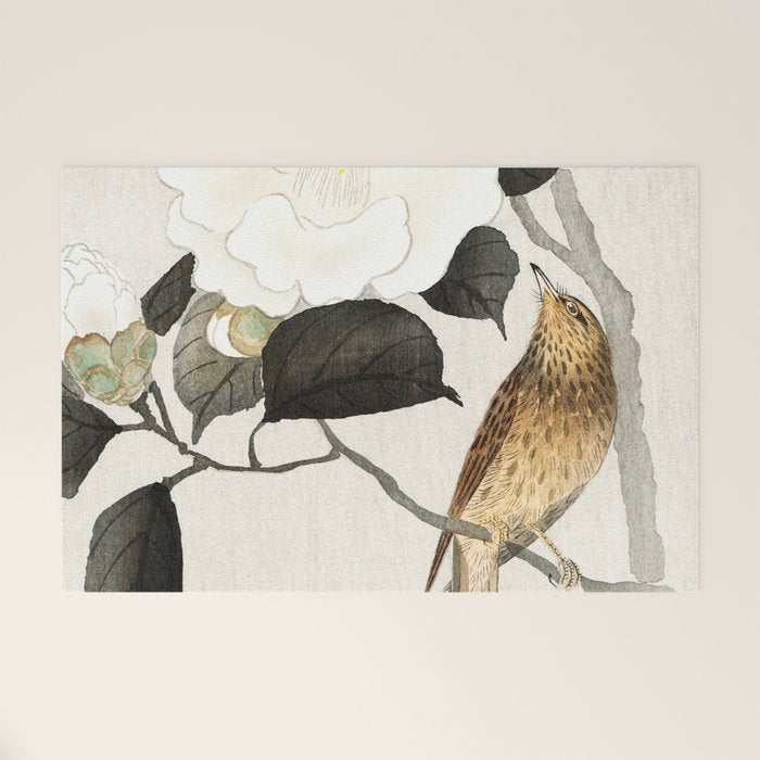 Nightingale on a flowering Camellia - Japanese vintage woodblock print art Welcome Mat Gallery Image 1