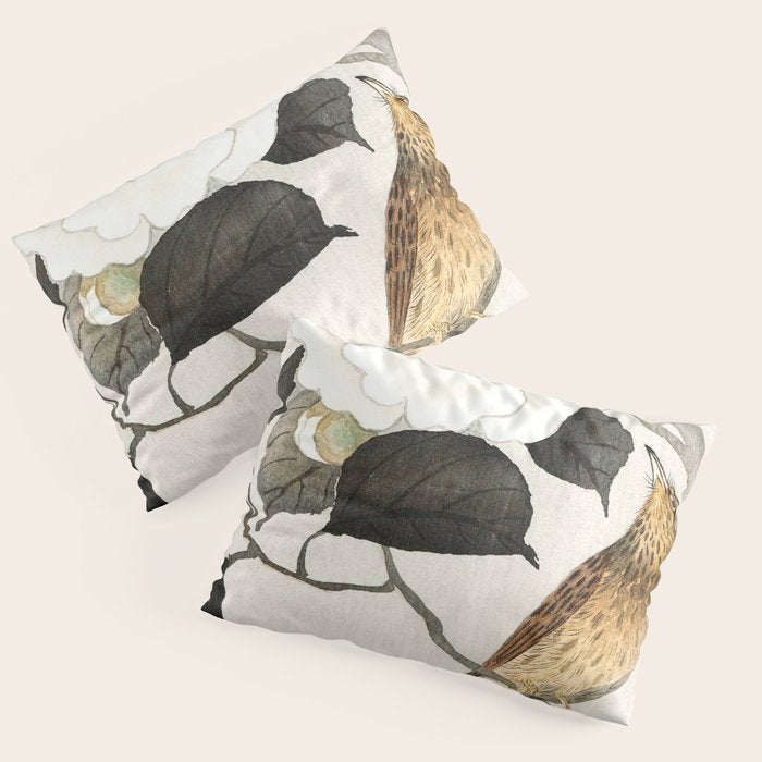 Nightingale on a flowering Camellia - Japanese vintage woodblock print art Pillow Sham Gallery Image 3