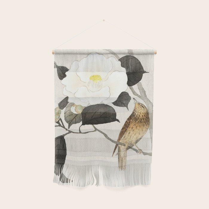 Nightingale on a flowering Camellia - Japanese vintage woodblock print art Wall Hanging Gallery Image 1