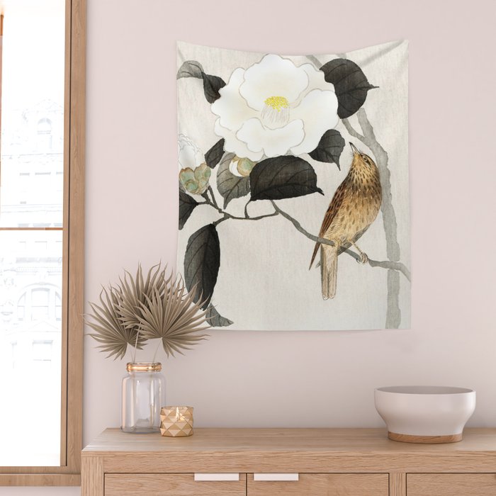 Nightingale on a flowering Camellia - Japanese vintage woodblock print art Wall Tapestry Gallery Image 2