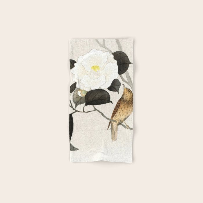Nightingale on a flowering Camellia - Japanese vintage woodblock print art Bath Towel Gallery Image 1