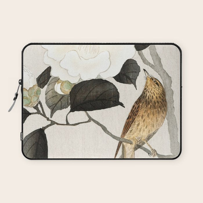 Nightingale on a flowering Camellia - Japanese vintage woodblock print art Laptop Sleeve Gallery Image 1