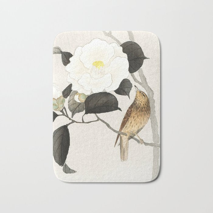 Nightingale on a flowering Camellia - Japanese vintage woodblock print art Bath Mat Gallery Image 1