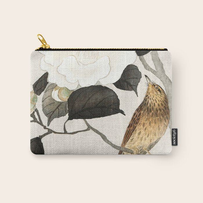 Nightingale on a flowering Camellia - Japanese vintage woodblock print art Carry All Pouch Gallery Image 1