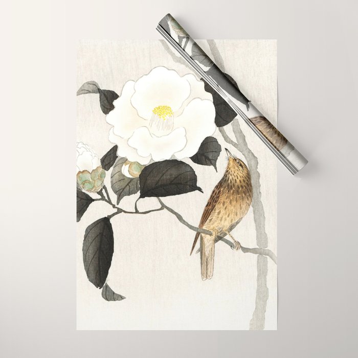 Nightingale on a flowering Camellia - Japanese vintage woodblock print art Wrapping Paper Gallery Image 1