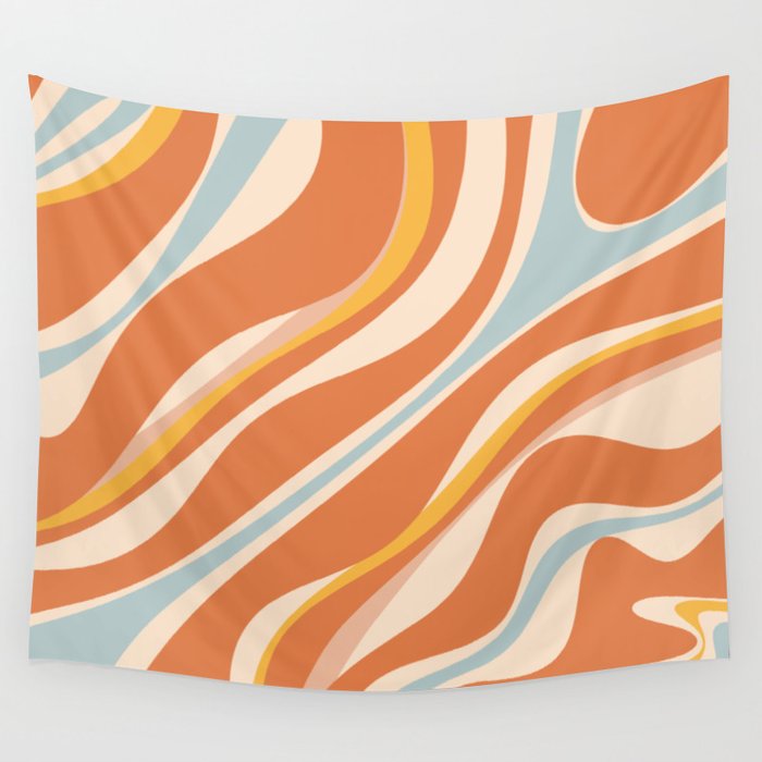 Trippy Dream Abstract Pattern Ice Blue Mustard Apricot Cream  Wall Tapestry Gallery Image 4