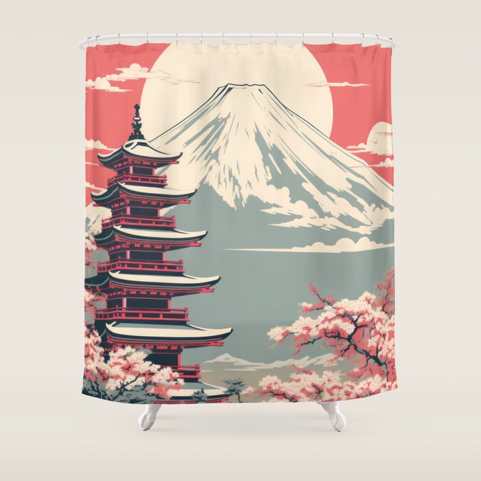 Cherry Blossom Fuji Shrine Shower Curtain Gallery Image 1