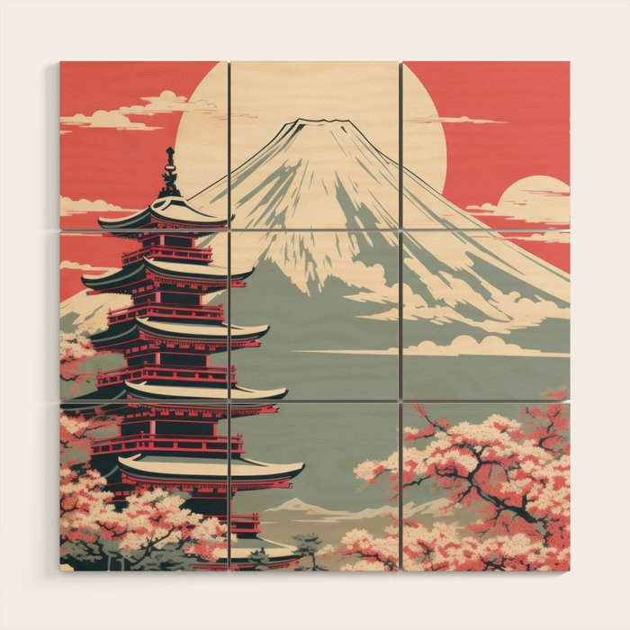 Cherry Blossom Fuji Shrine Wood Wall Art Gallery Image 1