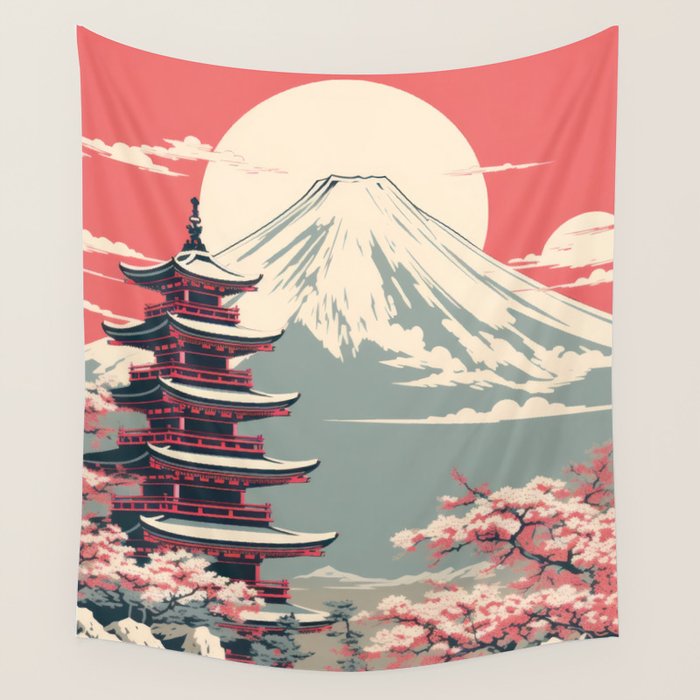 Cherry Blossom Fuji Shrine Wall Tapestry Gallery Image 1