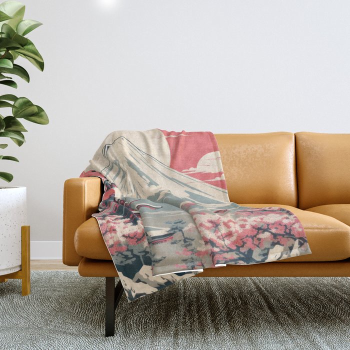 Cherry Blossom Fuji Shrine Throw Blanket Gallery Image 1