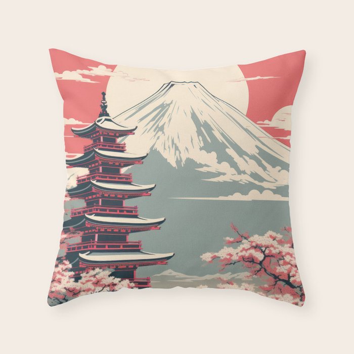 Cherry Blossom Fuji Shrine Throw Pillow Gallery Image 1