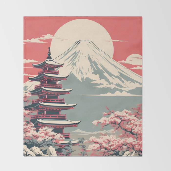 Cherry Blossom Fuji Shrine Throw Blanket Gallery Image 2