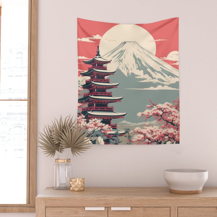 Cherry Blossom Fuji Shrine Wall Tapestry Gallery Image 2