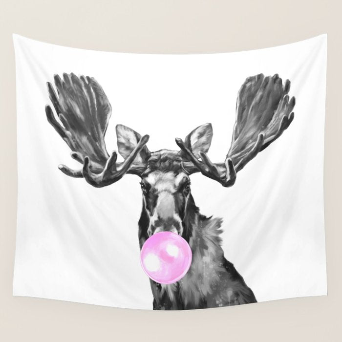 Bubble Gum Moose in Black and White Wall Tapestry Gallery Image 1