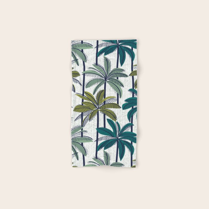 Retro Palm Springs vibes // white background highball sage and pine green palm trees oxford navy blue lines Bath Towel Gallery Image 1