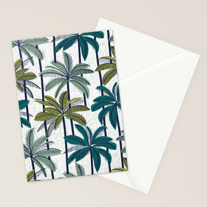 Retro Palm Springs vibes // white background highball sage and pine green palm trees oxford navy blue lines Stationery Card Gallery Image 2