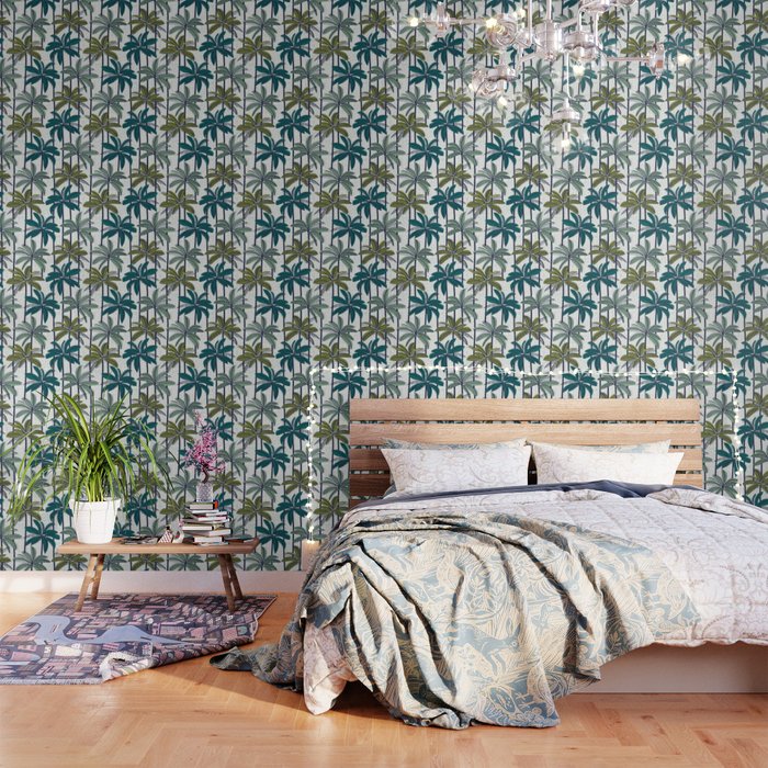 Retro Palm Springs vibes // white background highball sage and pine green palm trees oxford navy blue lines Wallpaper Gallery Image 3