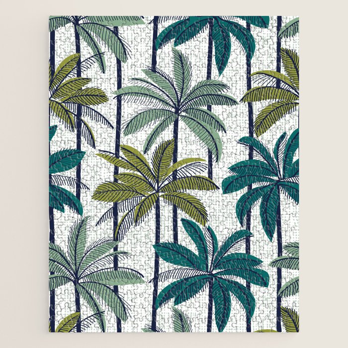Retro Palm Springs vibes // white background highball sage and pine green palm trees oxford navy blue lines Jigsaw Puzzle Gallery Image 1