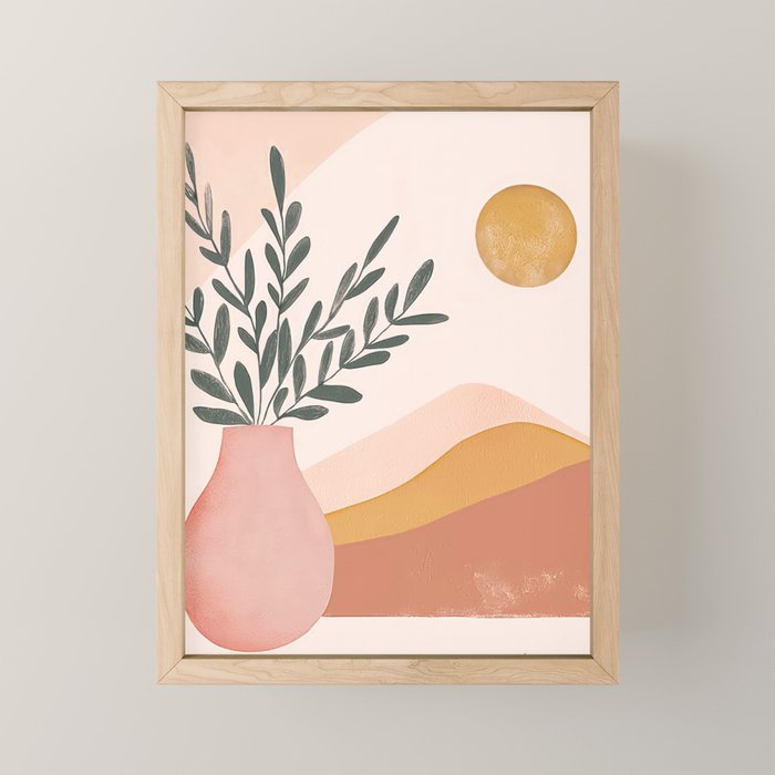 Boho Plant Vase with Moon Abstract Earth Tone Wall Art Mini Art Print