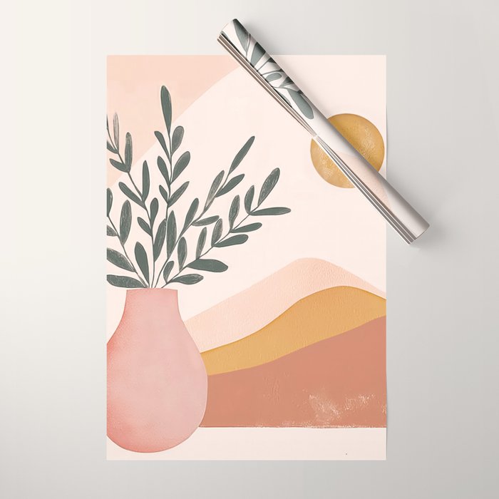 Boho Plant Vase with Moon Abstract Earth Tone Wall Art Wrapping Paper Gallery Image 1