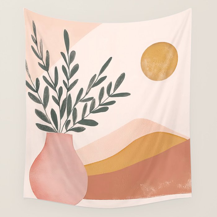 Boho Plant Vase with Moon Abstract Earth Tone Wall Art Wall Tapestry Gallery Image 4