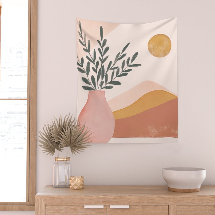 Boho Plant Vase with Moon Abstract Earth Tone Wall Art Wall Tapestry Gallery Image 2