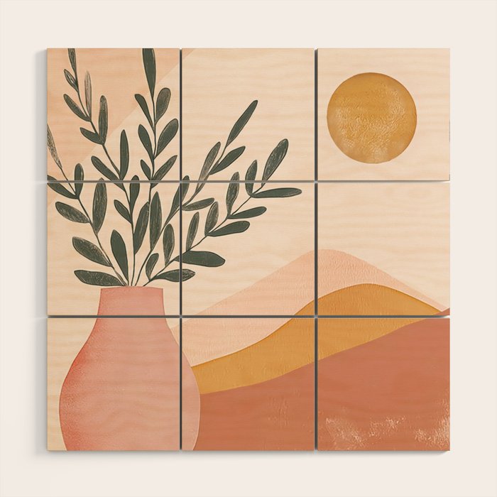 Boho Plant Vase with Moon Abstract Earth Tone Wall Art Wood Wall Art