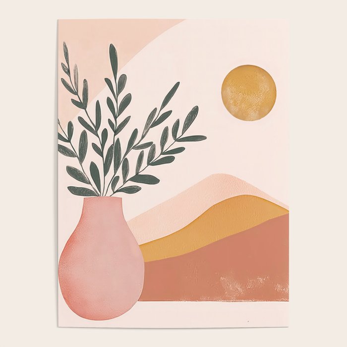 Boho Plant Vase with Moon Abstract Earth Tone Wall Art Poster Gallery Image 1
