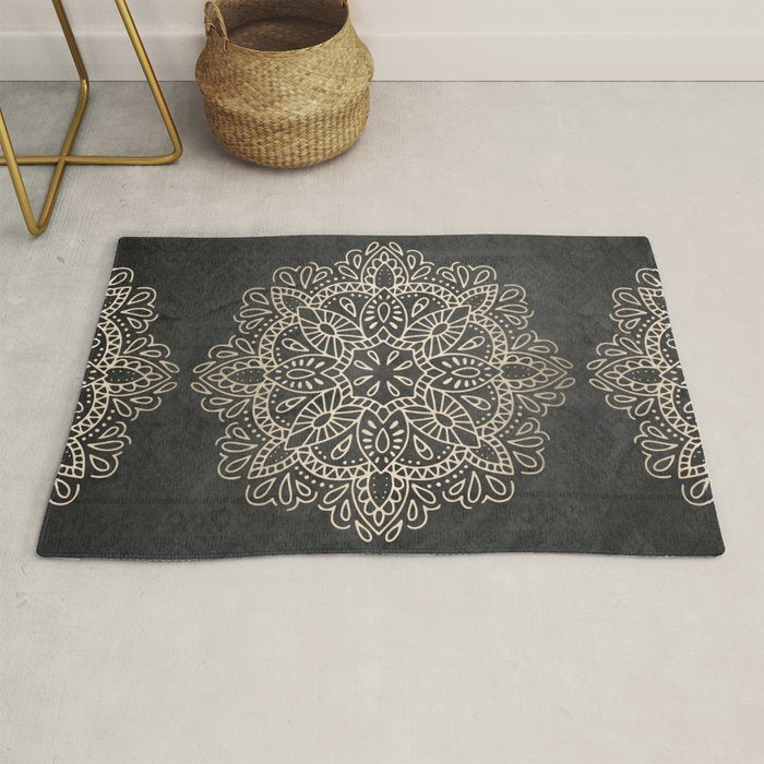Mandala White Gold on Dark Gray Rug Gallery Image 1