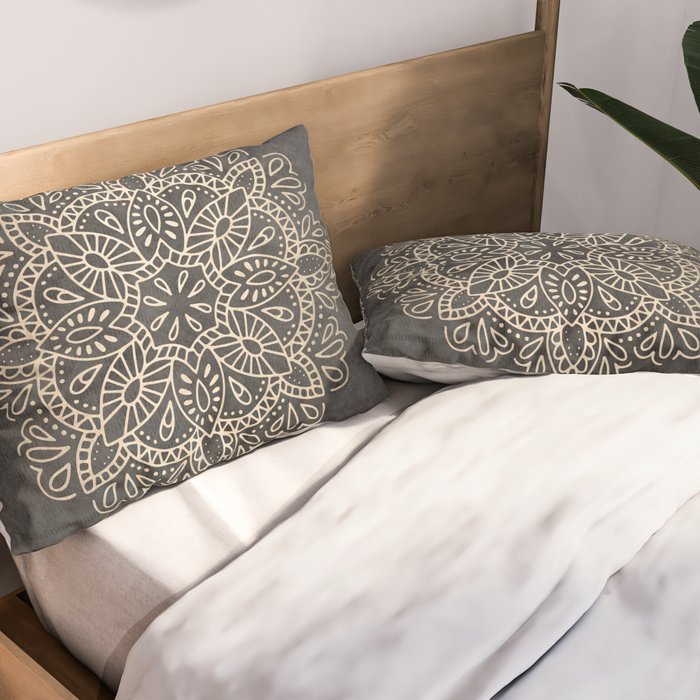 Mandala White Gold on Dark Gray Pillow Sham Gallery Image 2