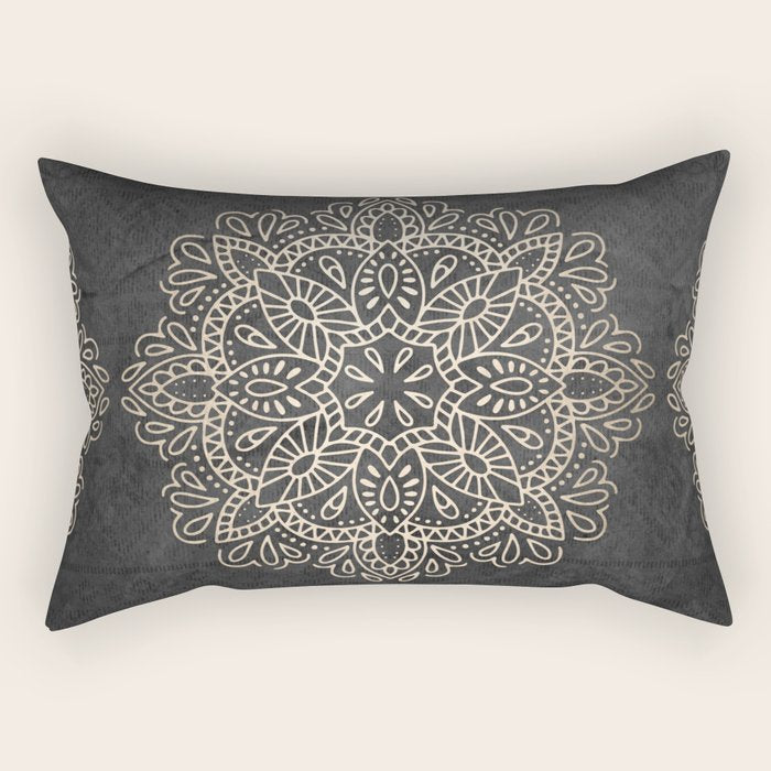 Mandala White Gold on Dark Gray Rectangular Pillow Gallery Image 2