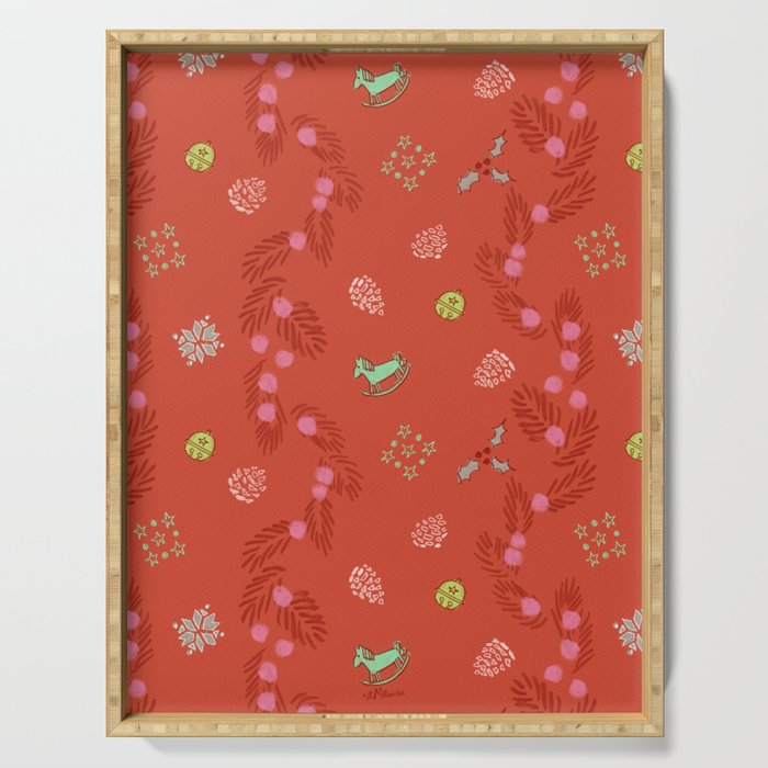 Whimsical Tiny Toys & Pine Branches in Red Serving Tray Gallery Image 1