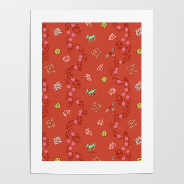 Whimsical Tiny Toys & Pine Branches in Red Poster Gallery Image 4