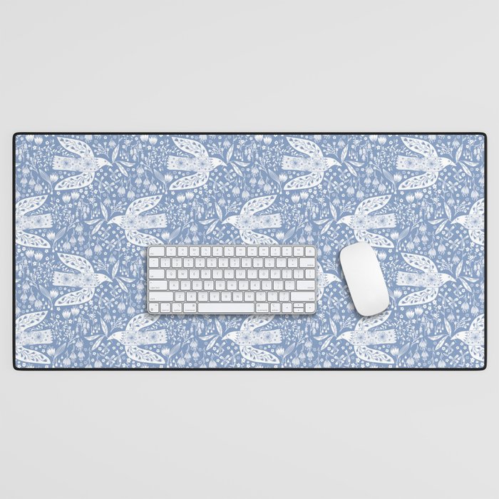 Doves and Flowers Bird Art White on Blue Desk Mat Gallery Image 1