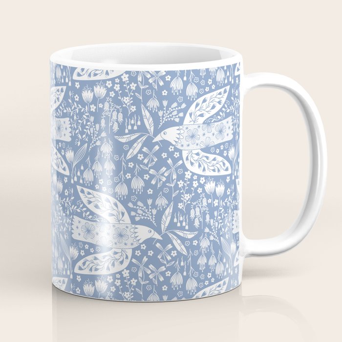Doves and Flowers Bird Art White on Blue Coffee Mug Gallery Image 1