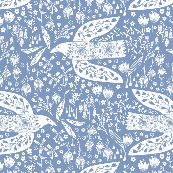 Doves and Flowers Bird Art White on Blue Coffee Mug Gallery Image 2