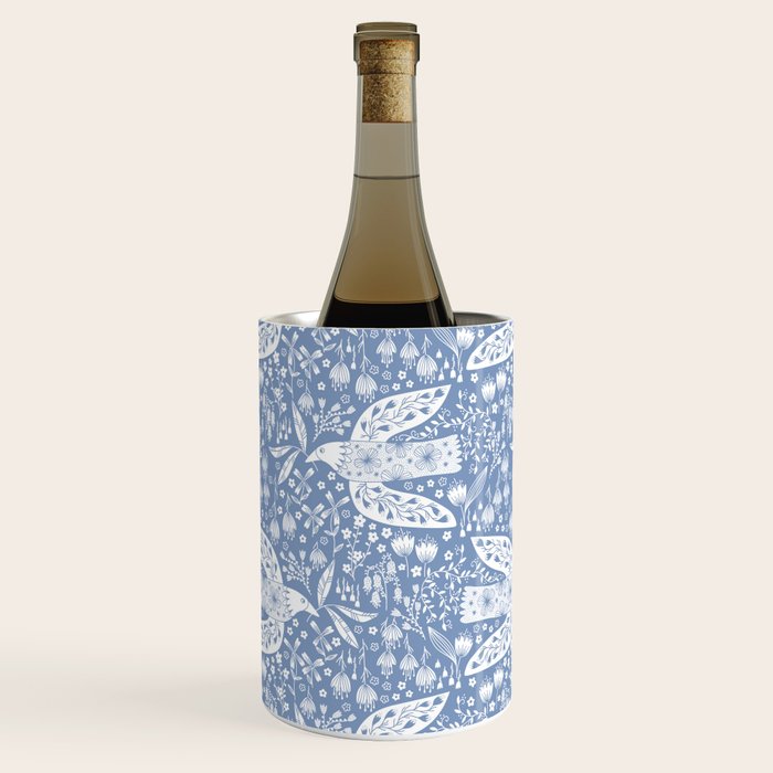 Doves and Flowers Bird Art White on Blue Wine Chiller Gallery Image 1
