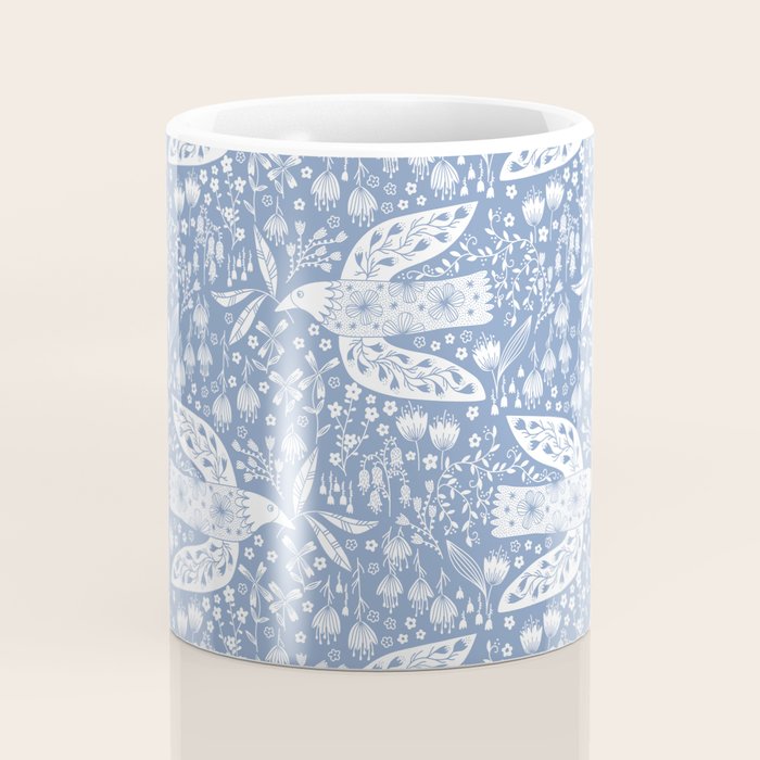 Doves and Flowers Bird Art White on Blue Coffee Mug Gallery Image 4