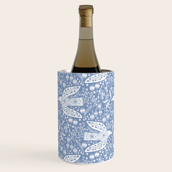 Doves and Flowers Bird Art White on Blue Wine Chiller Gallery Image 2