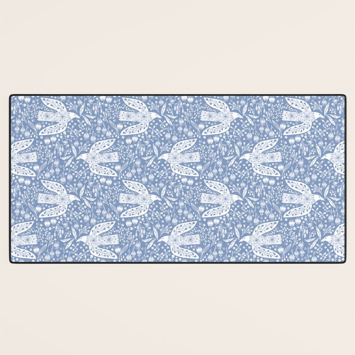 Doves and Flowers Bird Art White on Blue Desk Mat Gallery Image 3