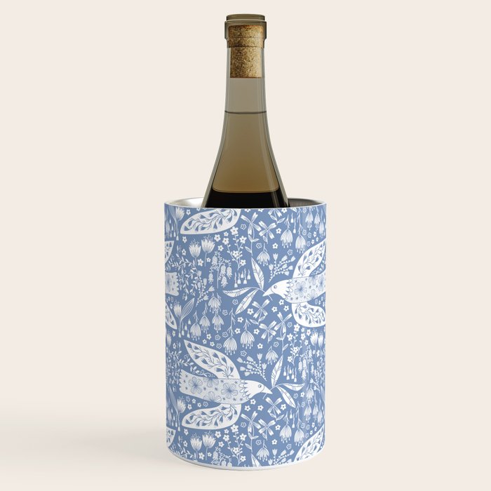 Doves and Flowers Bird Art White on Blue Wine Chiller Gallery Image 3