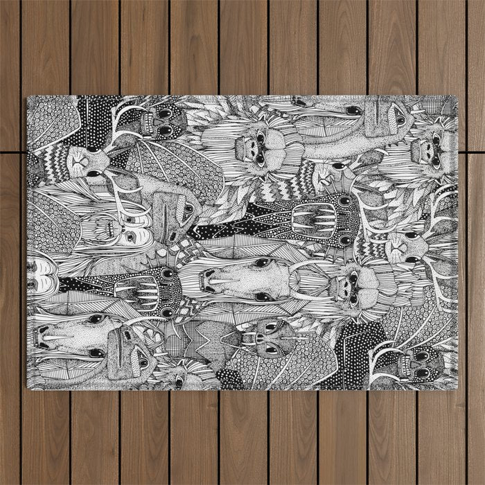 cryptid crowd black white Outdoor Rug Gallery Image 1