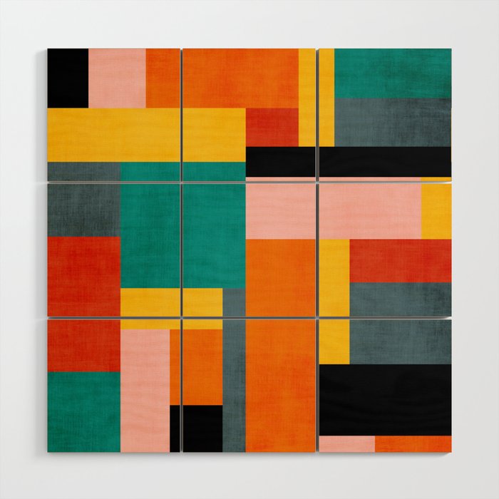 Colorful Geometric Modern Patchwork Design Wood Wall Art Gallery Image 1