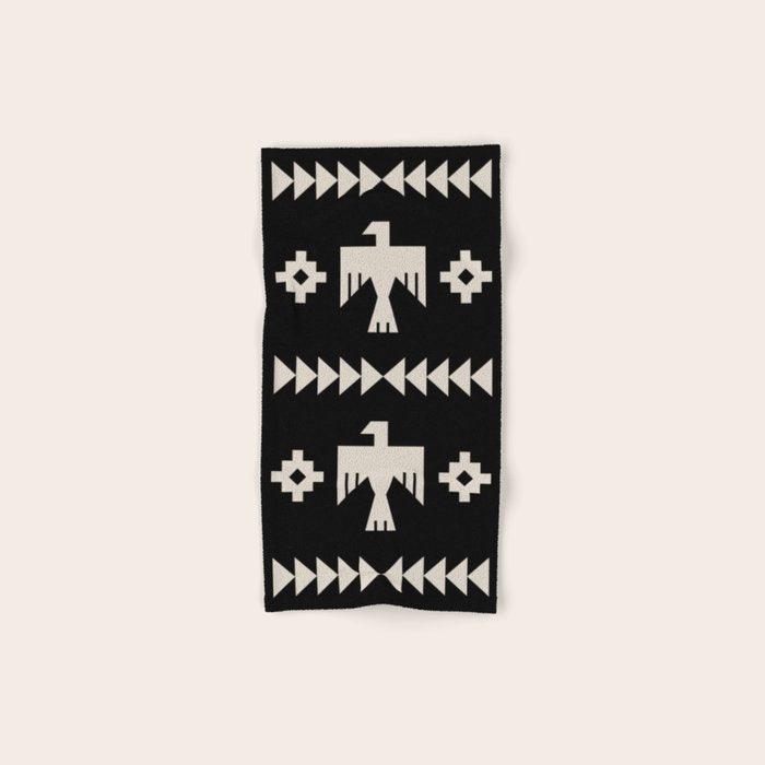 Southwestern Eagle and Arrow Pattern 121 Black and Linen White Bath Towel Gallery Image 1