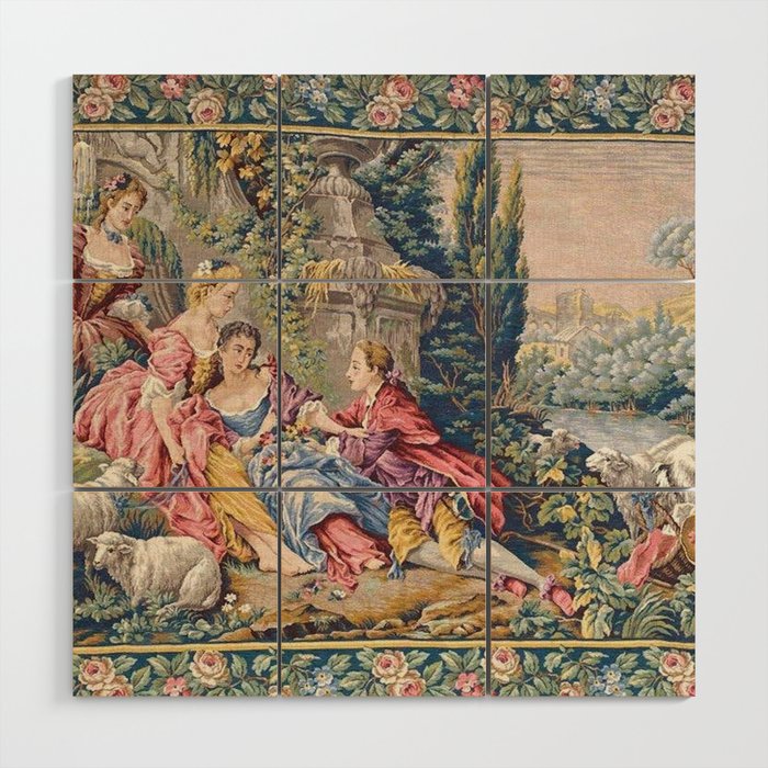 Antique Aubusson French Tapestry Romantic Garden Wood Wall Art Gallery Image 1
